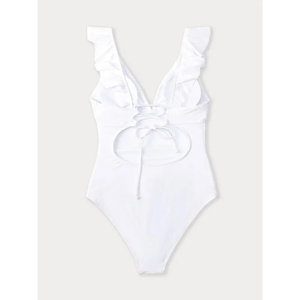 Women's White Ruffled One Piece Swimsuit V Neck Lace Up - Picture 4 of 5